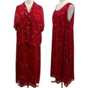Vintage 90s Coldwater Creek Silk Floral Maxi Dress & Matching Shirt Set Red 18